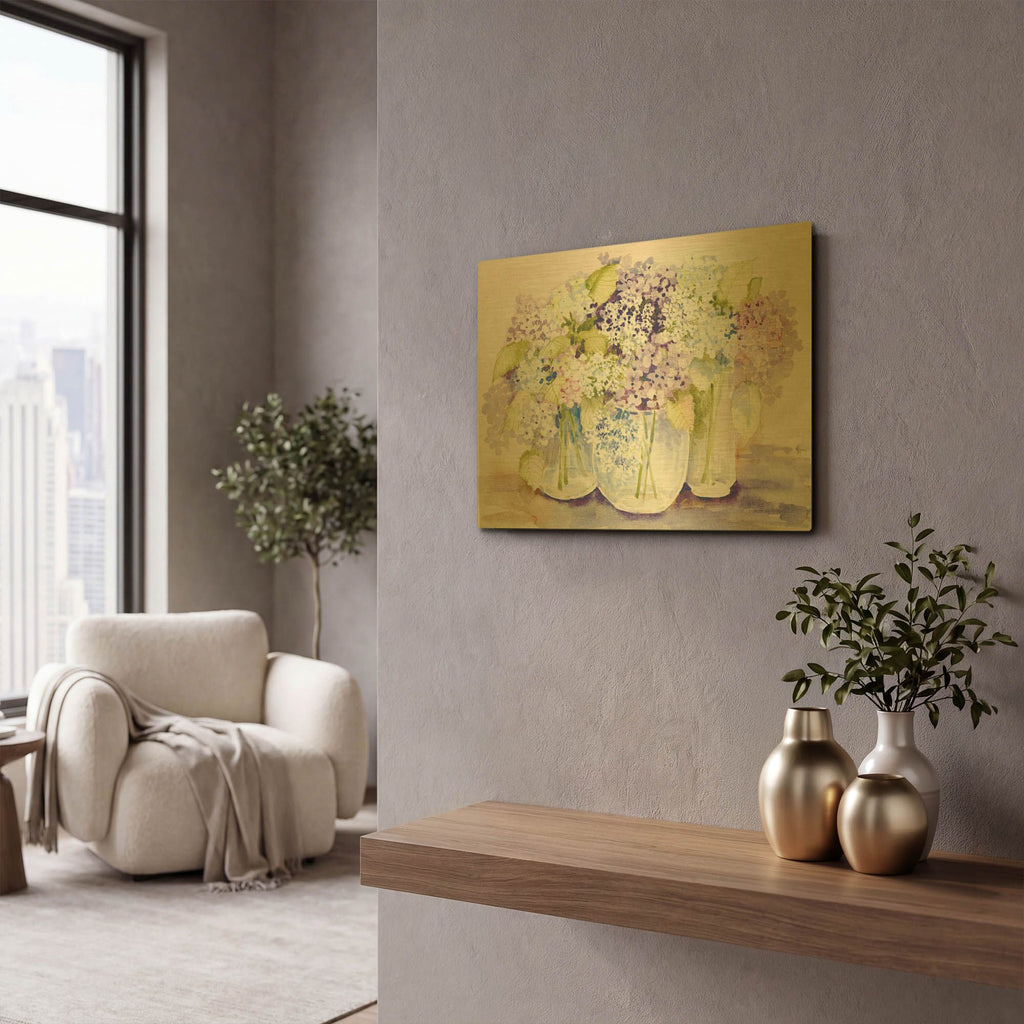 'Hydrangeas in Glass Light' By Kathleen Parr Gold Metal Wall Art