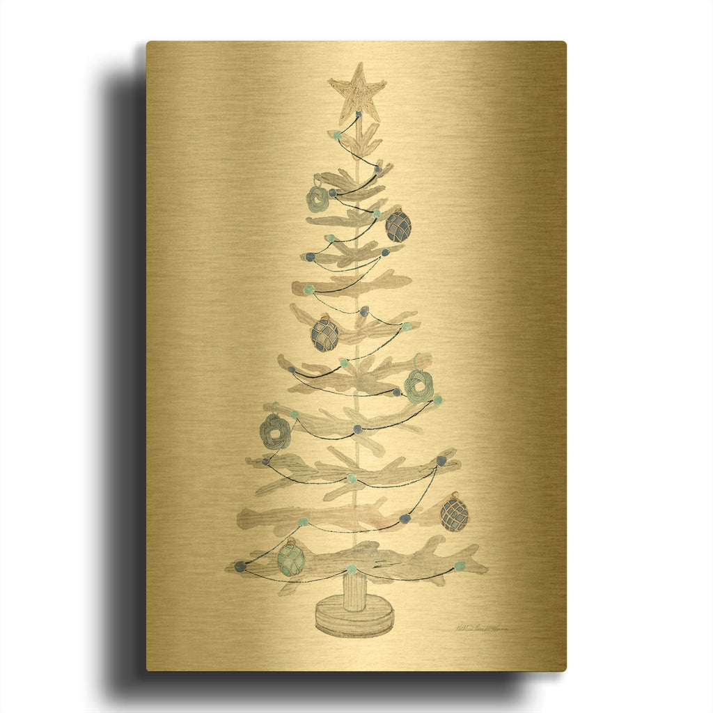 'Decorative Coastal Holiday Tree 2' By Kathleen Parr Gold Metal Wall Art