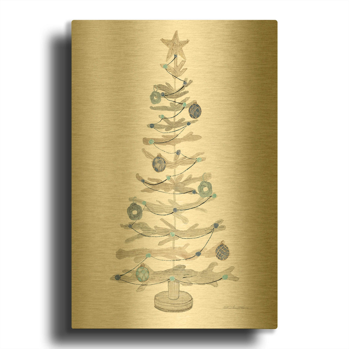 'Decorative Coastal Holiday Tree 2' By Kathleen Parr Gold Metal Wall Art