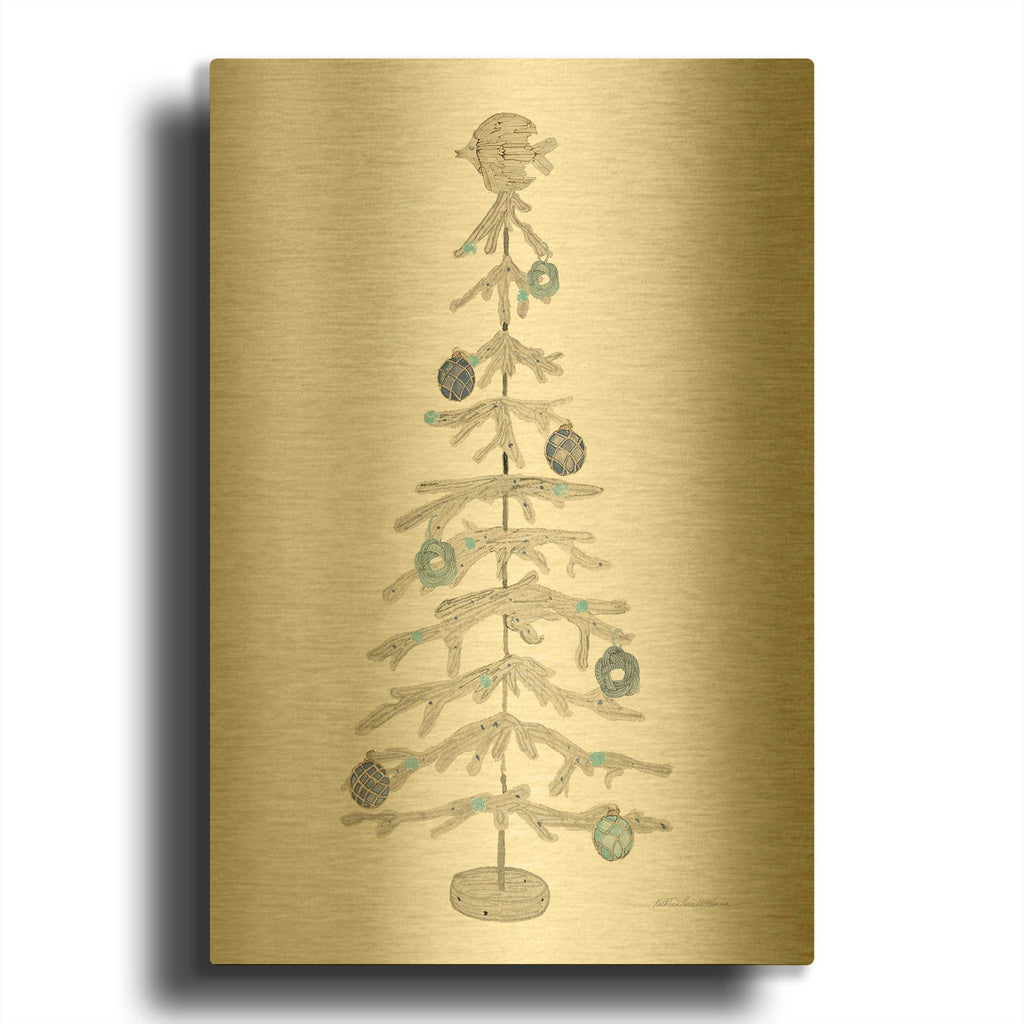 'Decorative Coastal Holiday Tree 4' By Kathleen Parr Gold Metal Wall Art