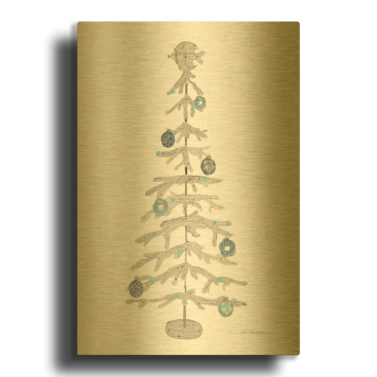 'Decorative Coastal Holiday Tree 4' By Kathleen Parr Gold Metal Wall Art