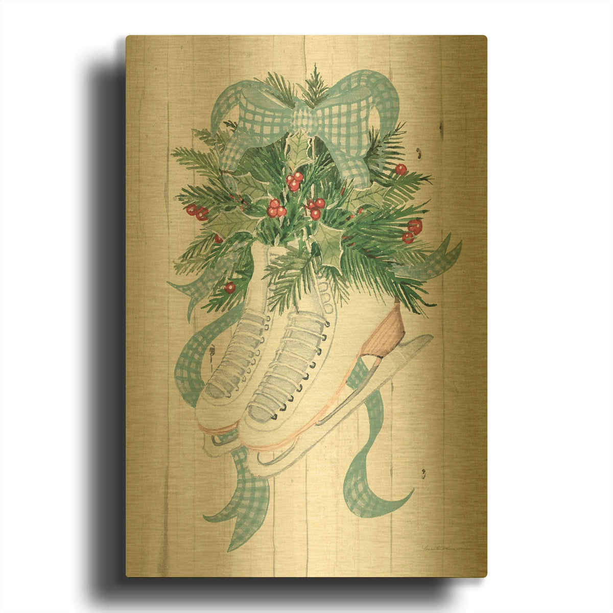 'Holiday Sports Ice Skates' By Kathleen Parr Gold Metal Wall Art