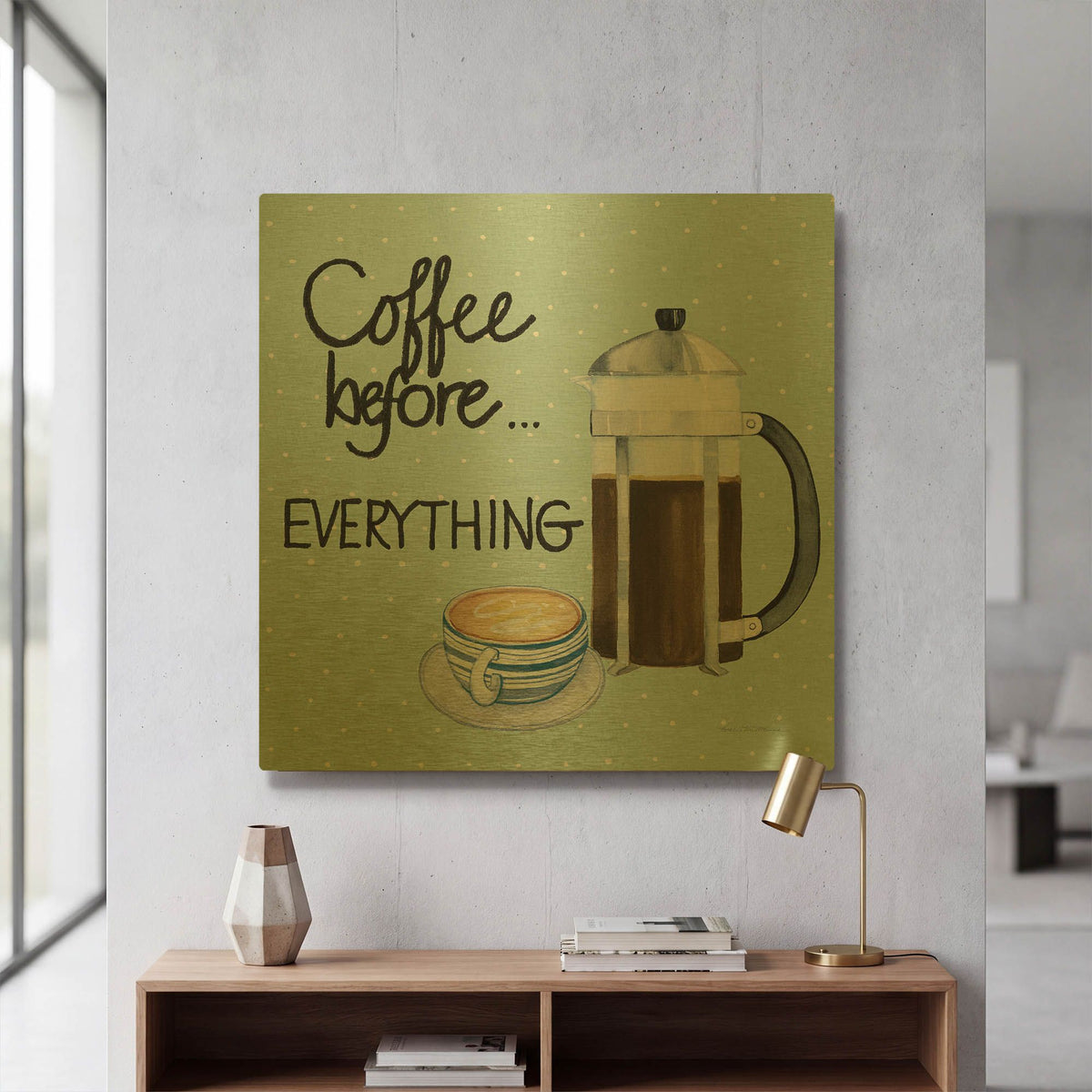 'Coffee Before Everything Blue' By Kathleen Parr Gold Metal Wall Art