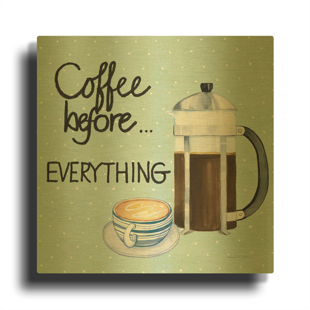 'Coffee Before Everything Blue' By Kathleen Parr Gold Metal Wall Art