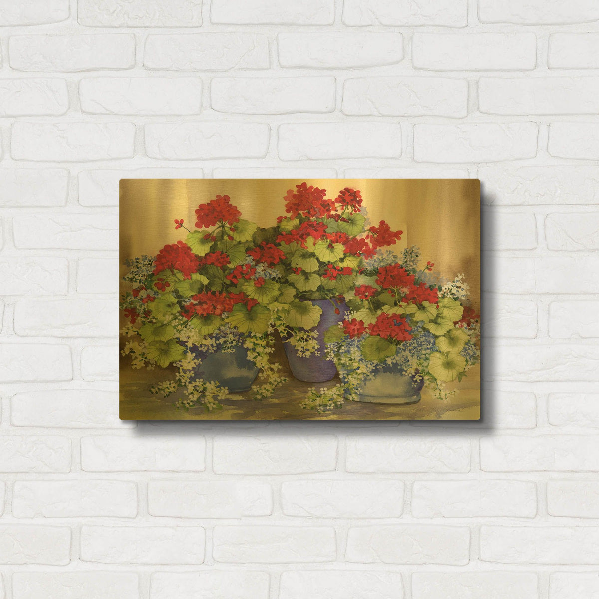 'Red Geraniums with The Blues' By Kathleen Parr Gold Metal Wall Art