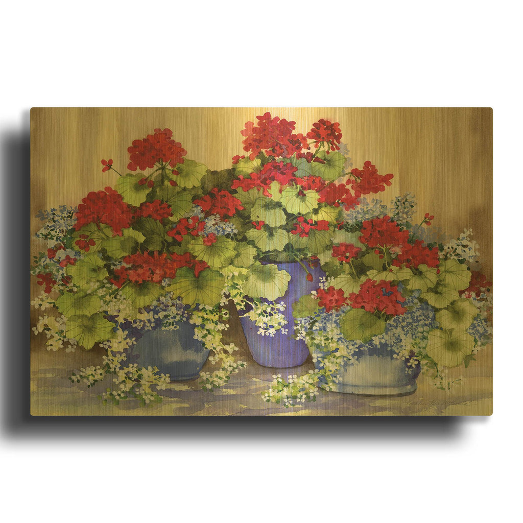 'Red Geraniums with The Blues' By Kathleen Parr Gold Metal Wall Art