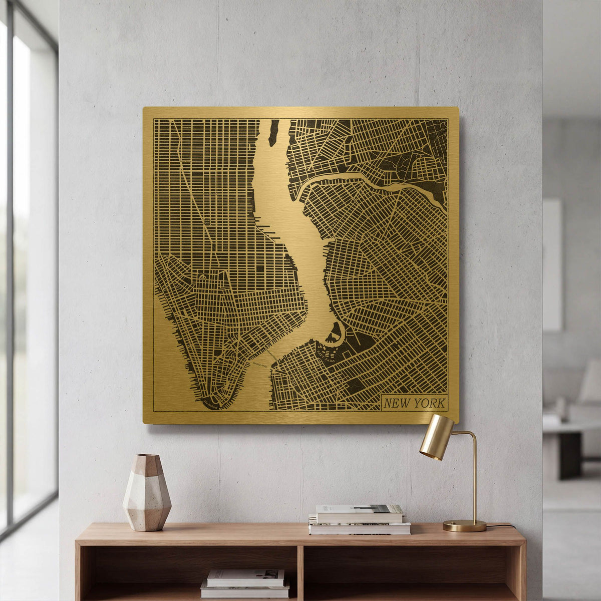'New York Map Black' By Laura Marshall Gold Metal Wall Art