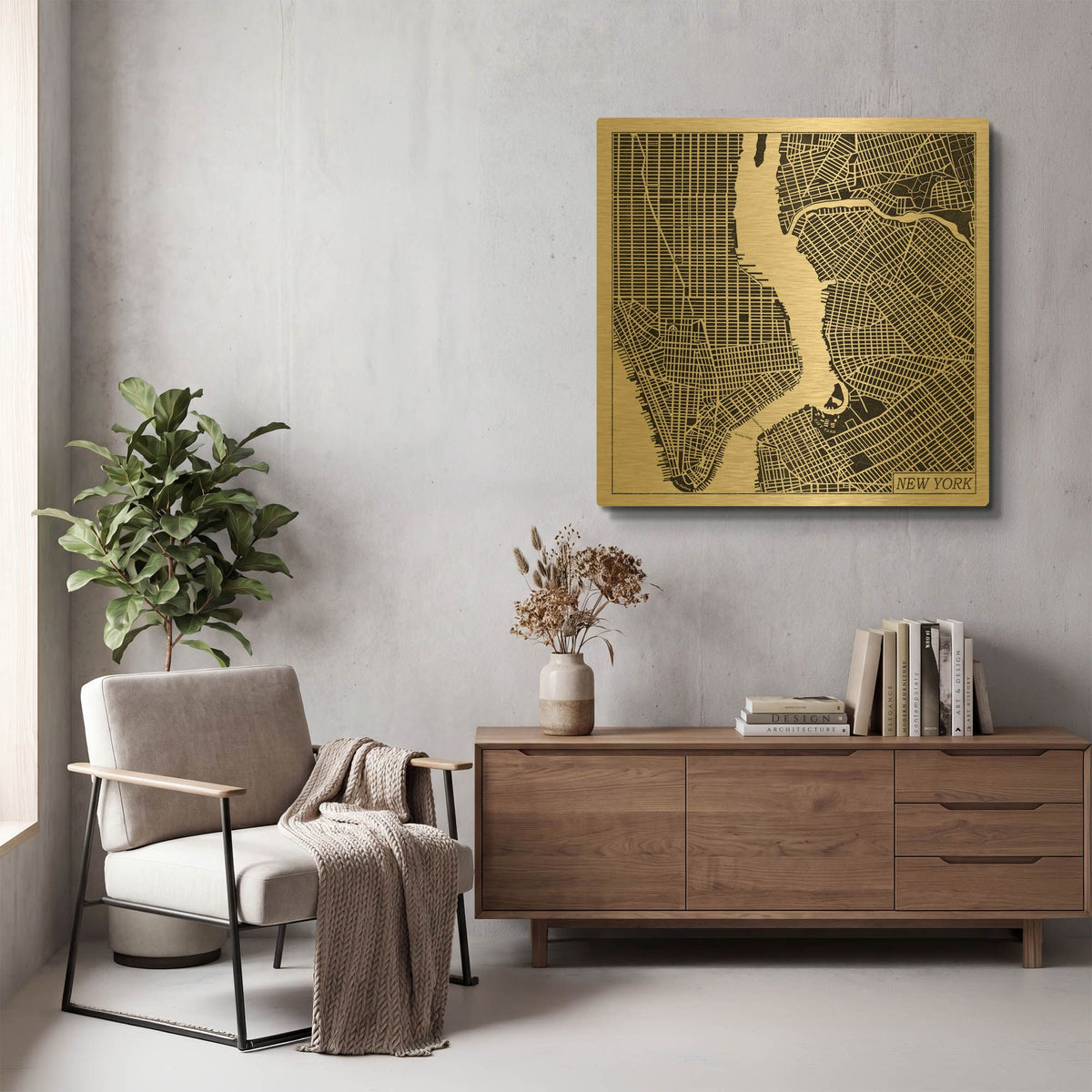 'New York Map Black' By Laura Marshall Gold Metal Wall Art