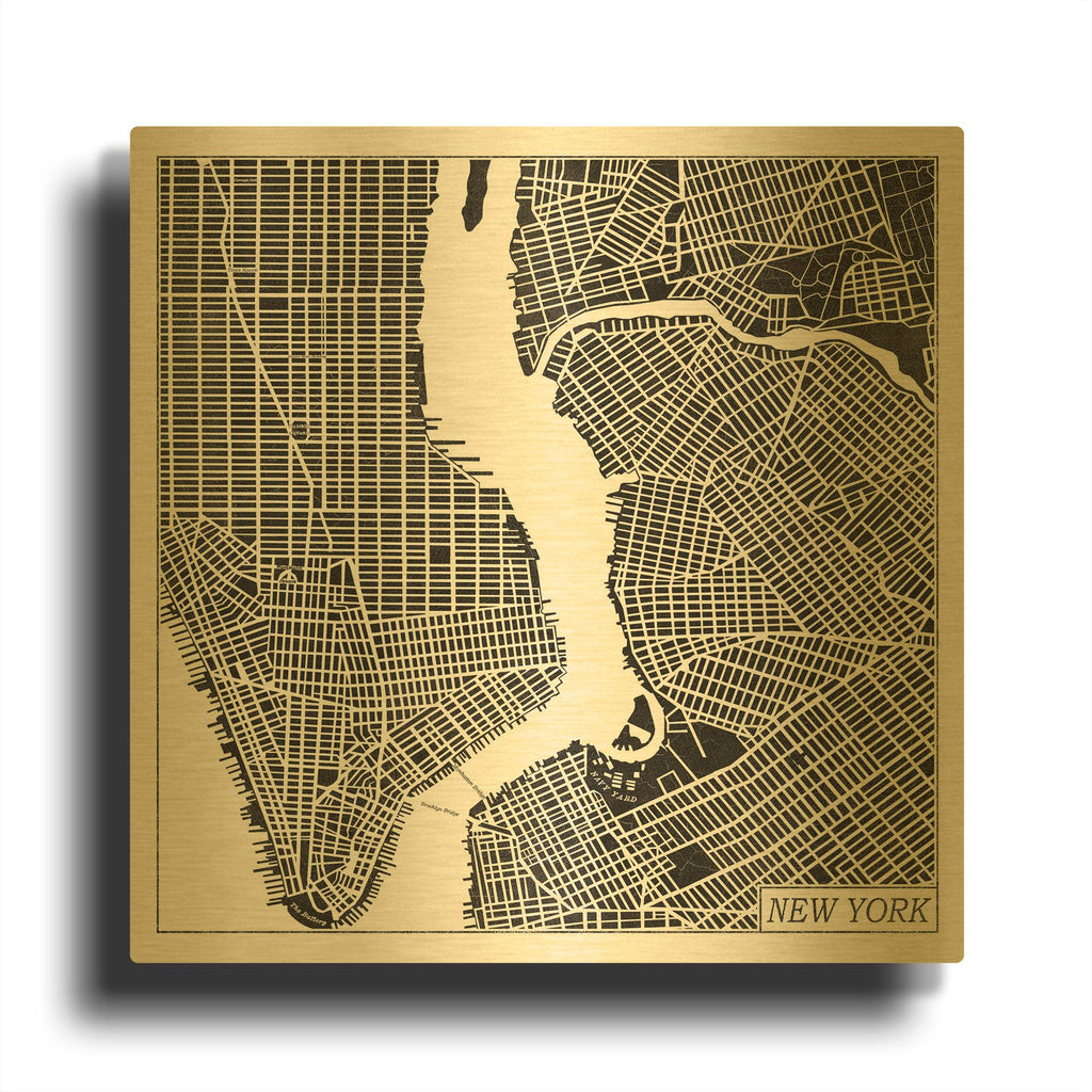 'New York Map Black' By Laura Marshall Gold Metal Wall Art
