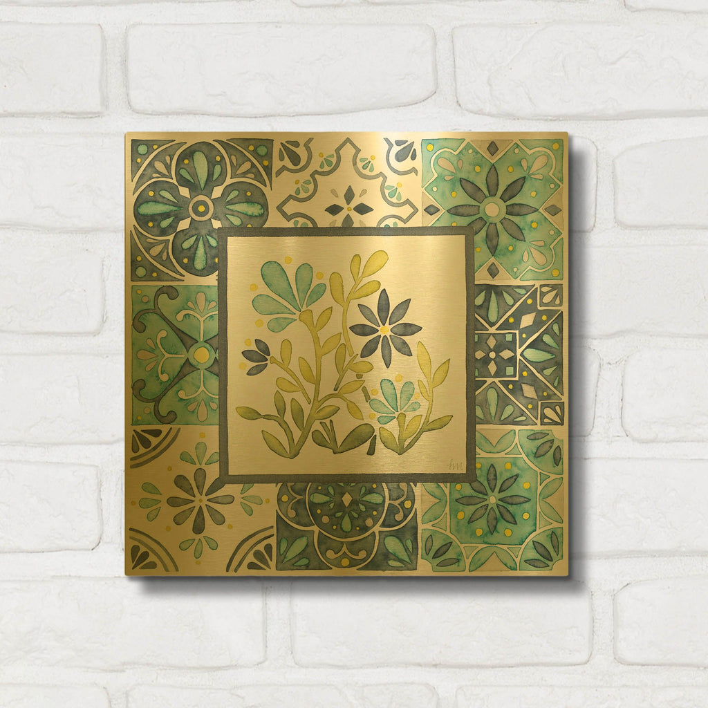 'Garden Getaway Patchwork 4' By Laura Marshall Gold Metal Wall Art