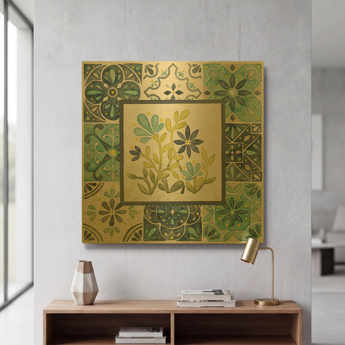 'Garden Getaway Patchwork 4' By Laura Marshall Gold Metal Wall Art