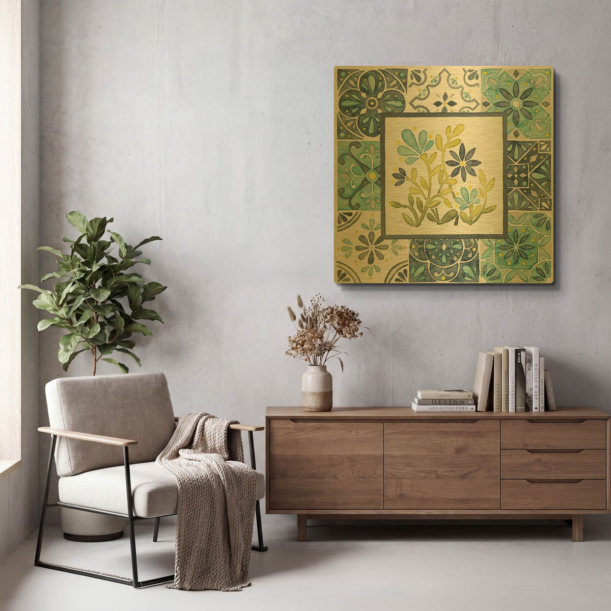 'Garden Getaway Patchwork 4' By Laura Marshall Gold Metal Wall Art