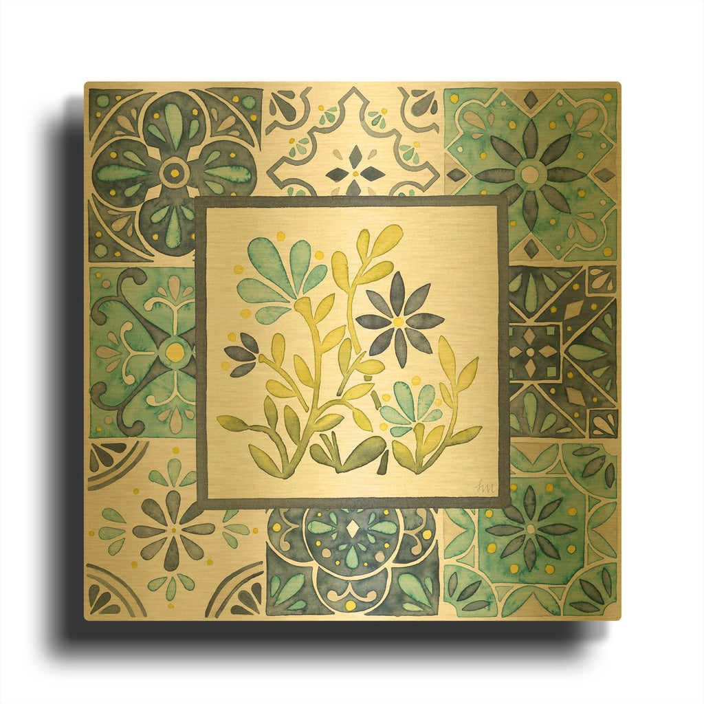 'Garden Getaway Patchwork 4' By Laura Marshall Gold Metal Wall Art