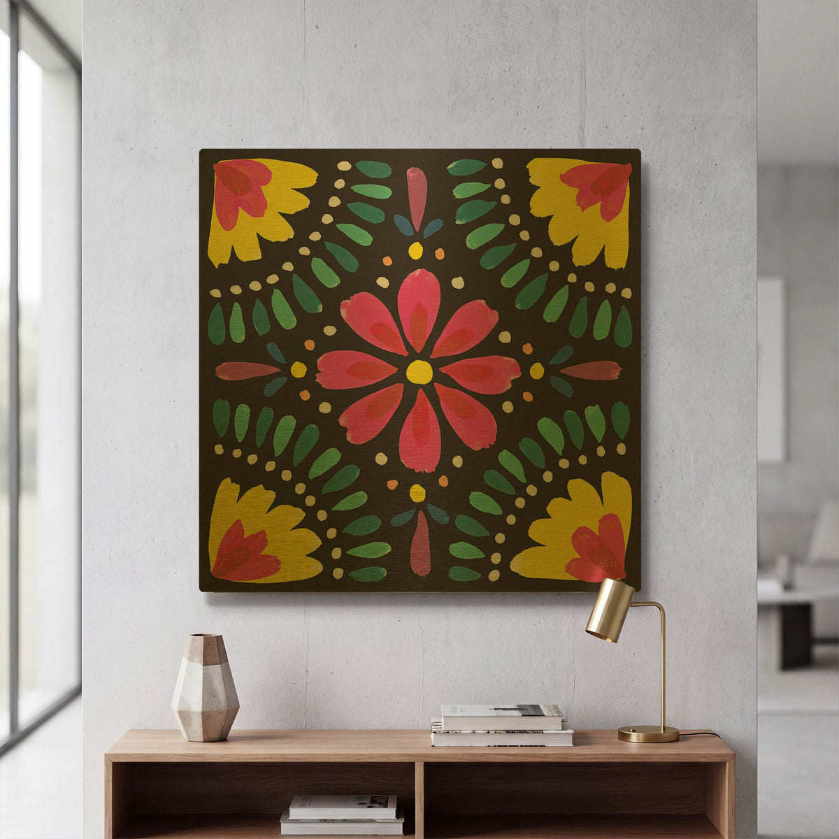 'Floral Fiesta Tile X' By Laura Marshall Gold Metal Wall Art