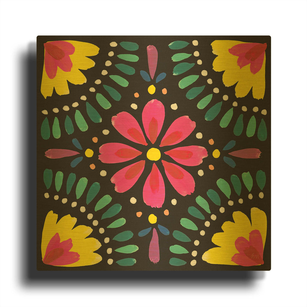 'Floral Fiesta Tile X' By Laura Marshall Gold Metal Wall Art