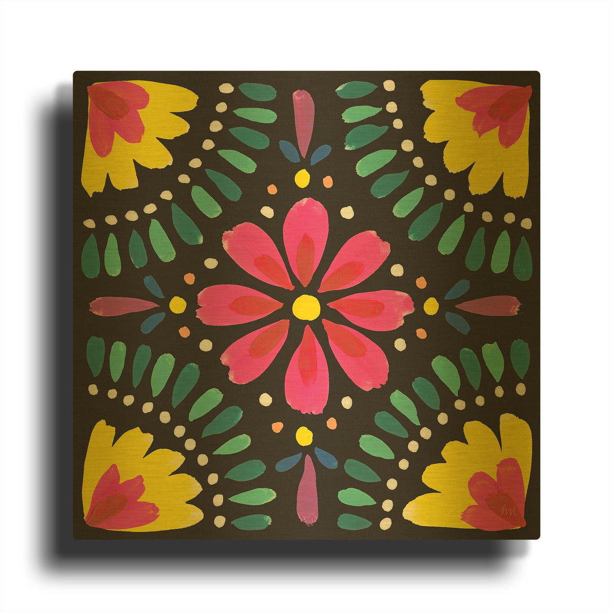 'Floral Fiesta Tile X' By Laura Marshall Gold Metal Wall Art