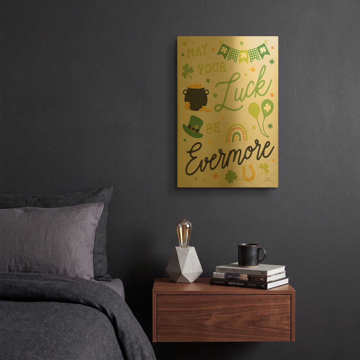 'Shamrock Wishes 3 Beige' By Laura Marshall Gold Metal Wall Art