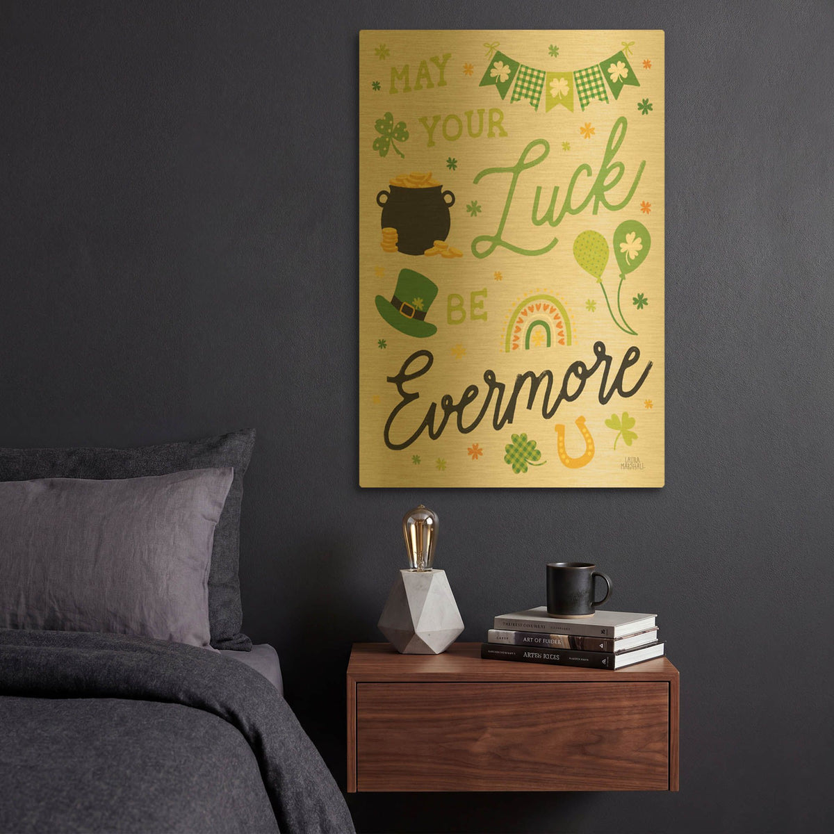 'Shamrock Wishes 3 Beige' By Laura Marshall Gold Metal Wall Art