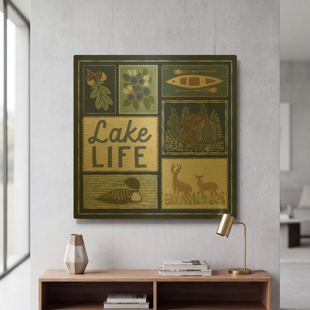 'Lakeside Days 7 Blue' By Laura Marshall Gold Metal Wall Art