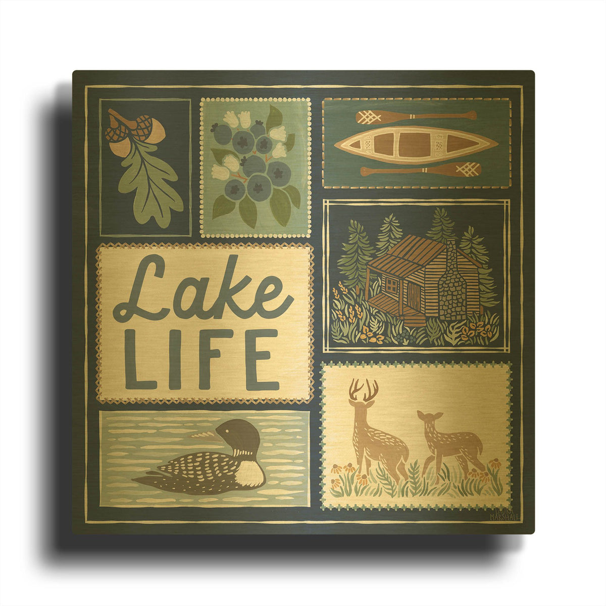 'Lakeside Days 7 Blue' By Laura Marshall Gold Metal Wall Art