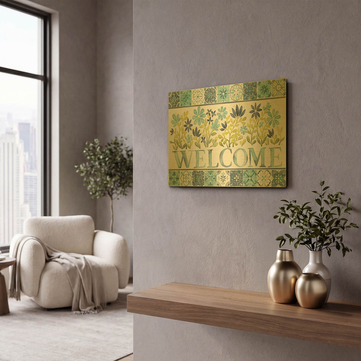 'Garden Getaway Welcome' By Laura Marshall Gold Metal Wall Art