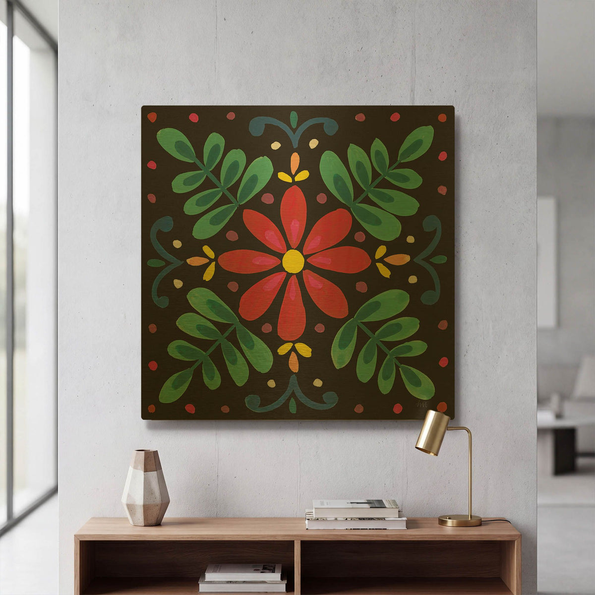 'Floral Fiesta Tile 6' By Laura Marshall Gold Metal Wall Art