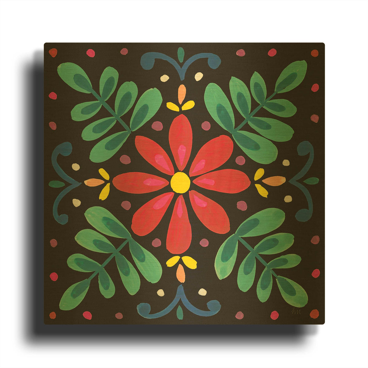 'Floral Fiesta Tile 6' By Laura Marshall Gold Metal Wall Art
