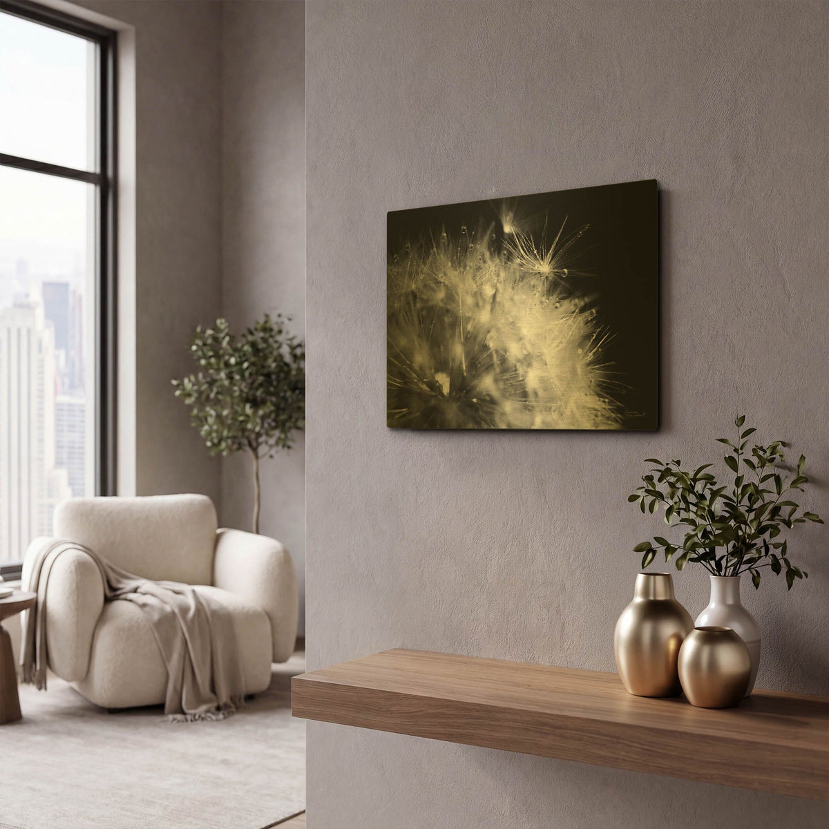 'Dandelion Dewdrops 1' By Laura Marshall Gold Metal Wall Art