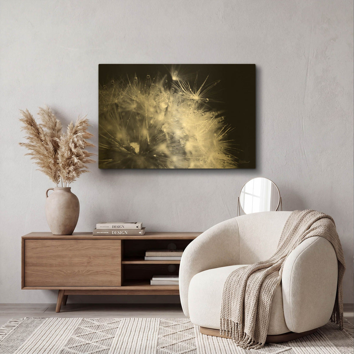 'Dandelion Dewdrops 1' By Laura Marshall Gold Metal Wall Art