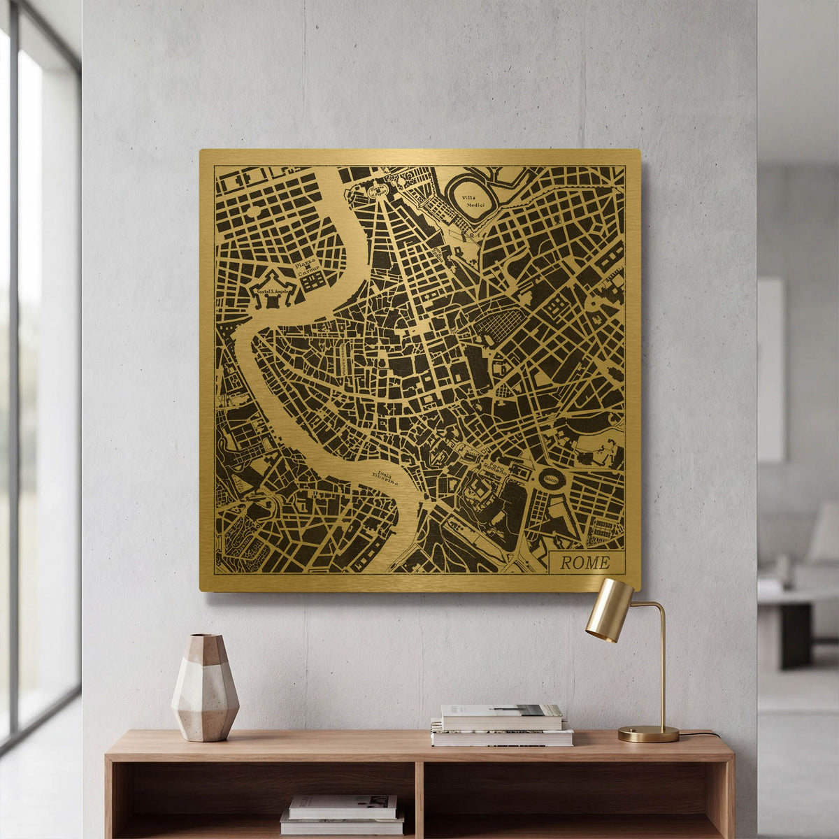 'Rome Map Black' By Laura Marshall Gold Metal Wall Art