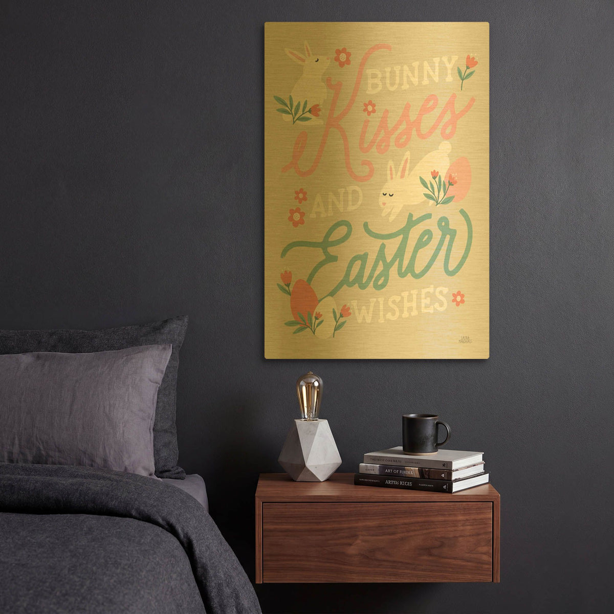 'Bunny Kisses 2 Beige' By Laura Marshall Gold Metal Wall Art