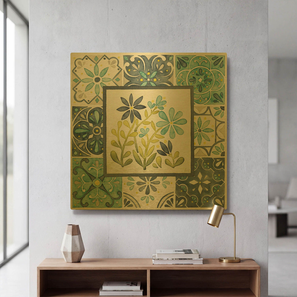 'Garden Getaway Patchwork 2' By Laura Marshall Gold Metal Wall Art