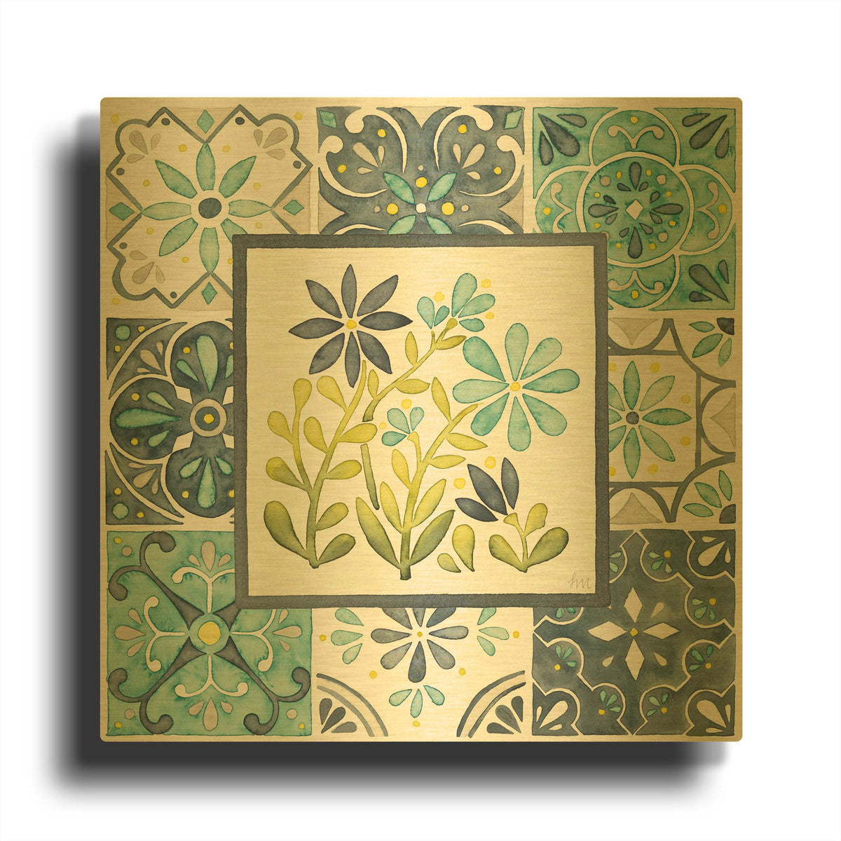 'Garden Getaway Patchwork 2' By Laura Marshall Gold Metal Wall Art