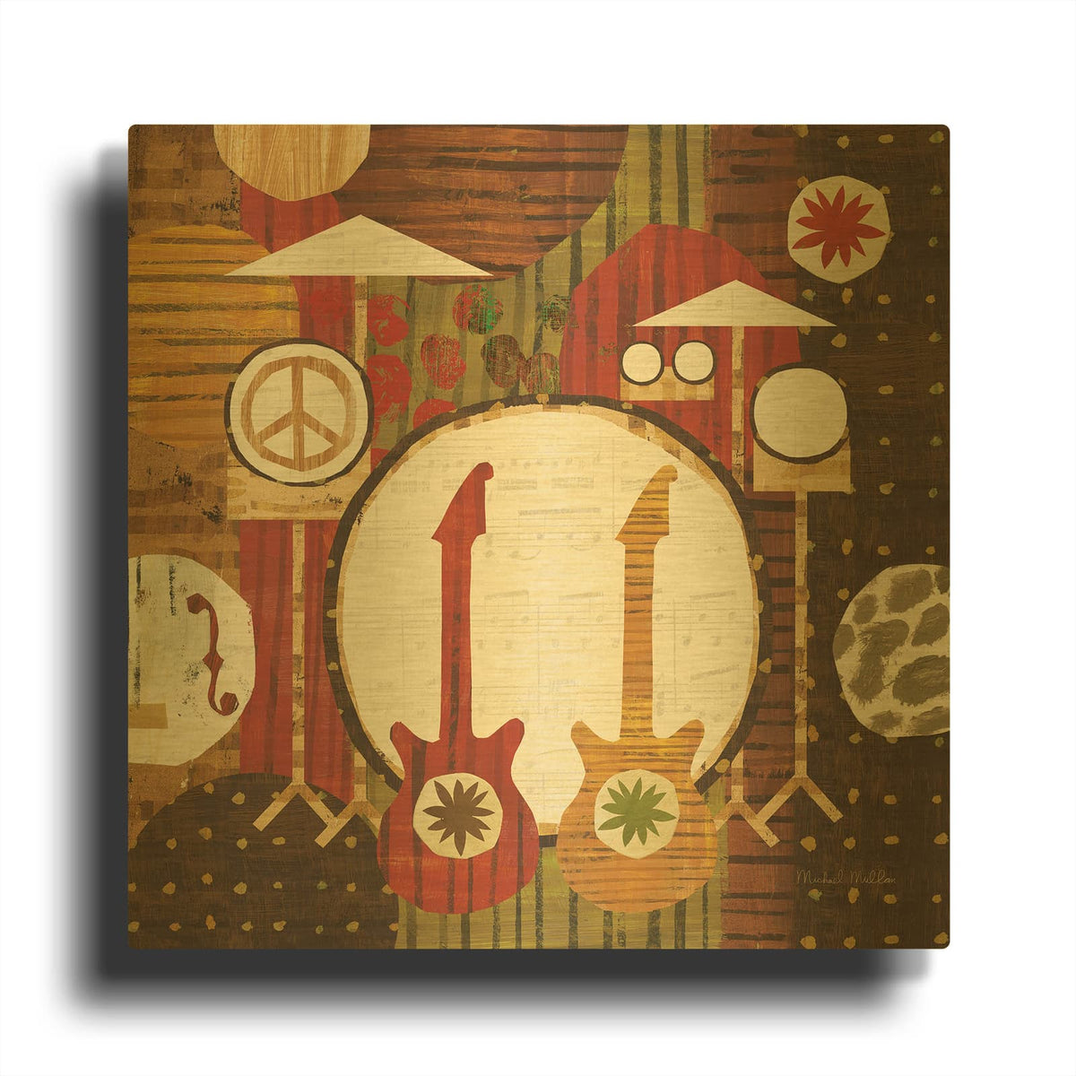 'Rock N Roll Drums Brown' By Michael Mullan Gold Metal Wall Art