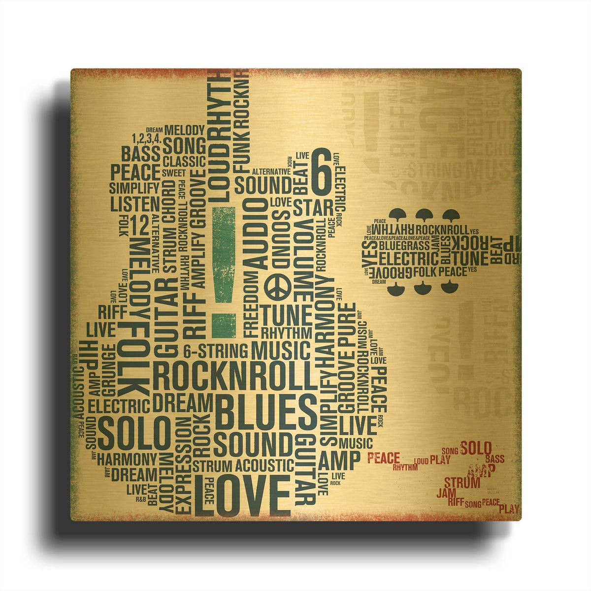 'Type Guitar Square 2' By Michael Mullan Gold Metal Wall Art