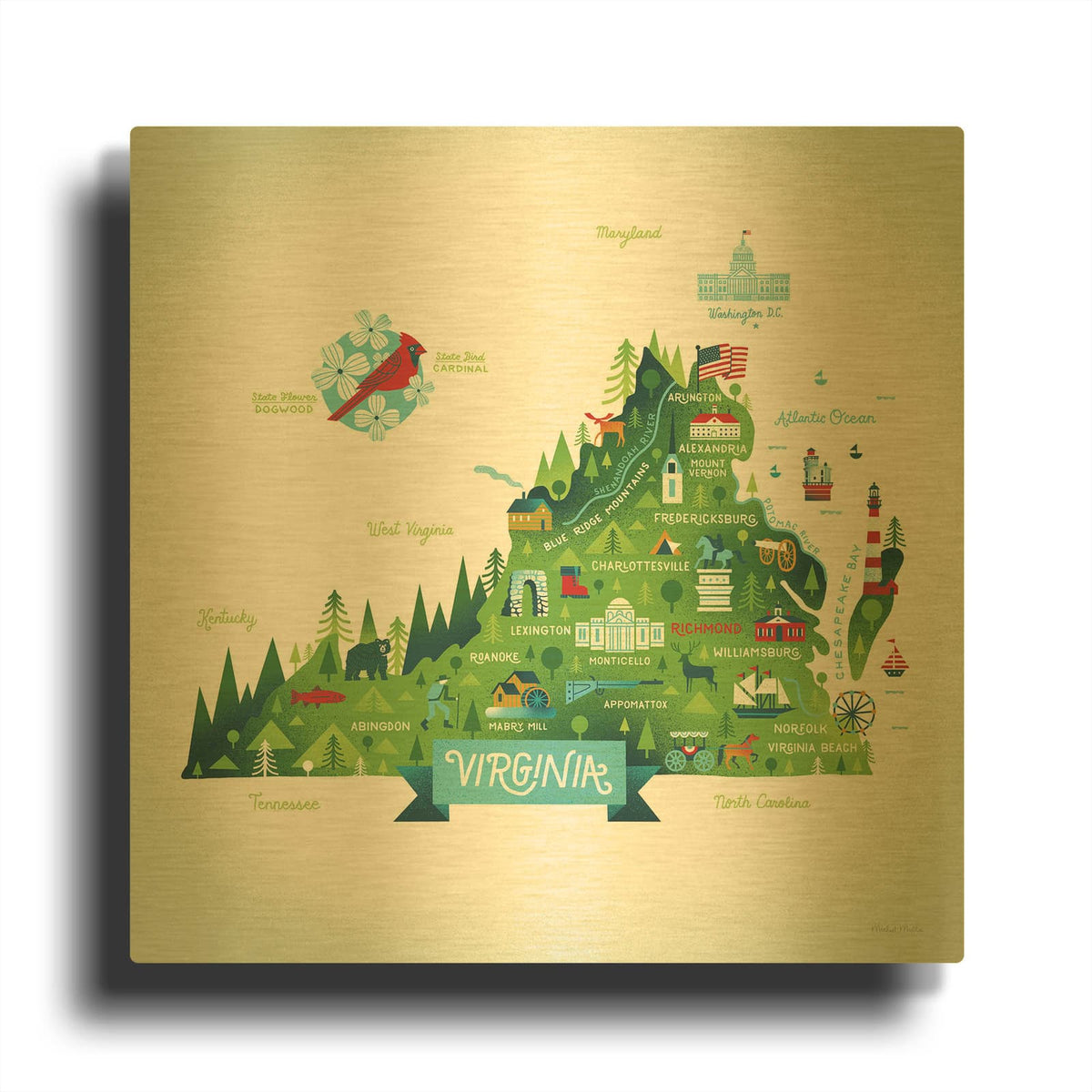 'Illustrated Virginia' By Michael Mullan Gold Metal Wall Art