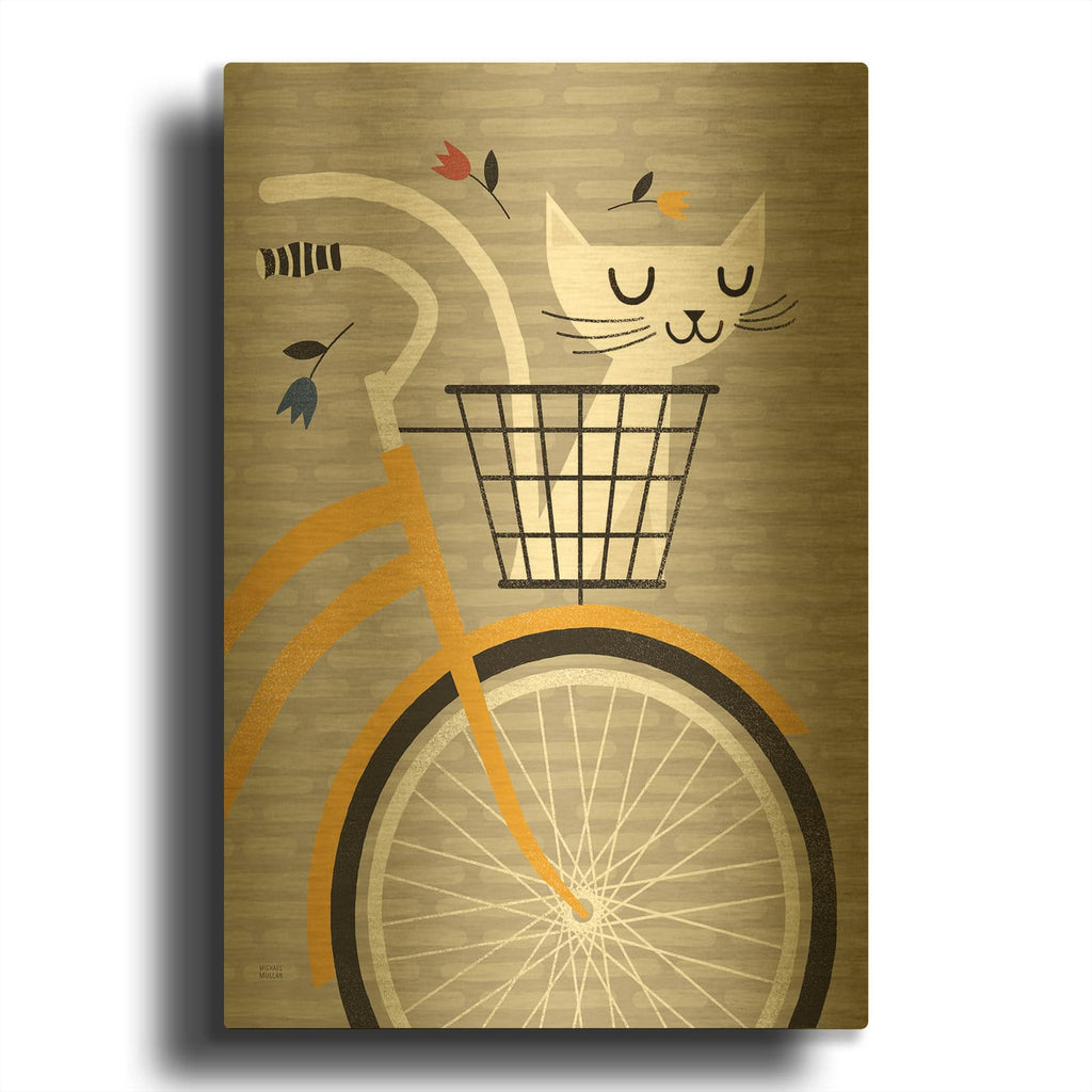 'Cruising Cat Yellow' By Michael Mullan Gold Metal Wall Art