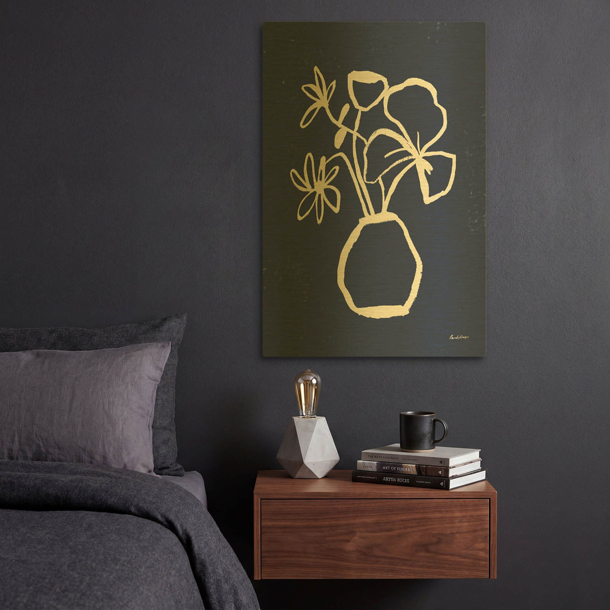 'Floral Sketch 2 Navy' By Pamela Munger Gold Metal Wall Art