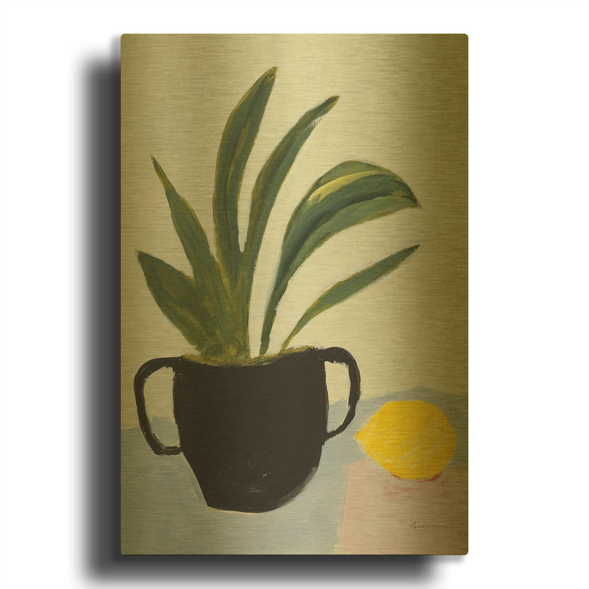 'Plant with Lemon' By Pamela Munger Gold Metal Wall Art