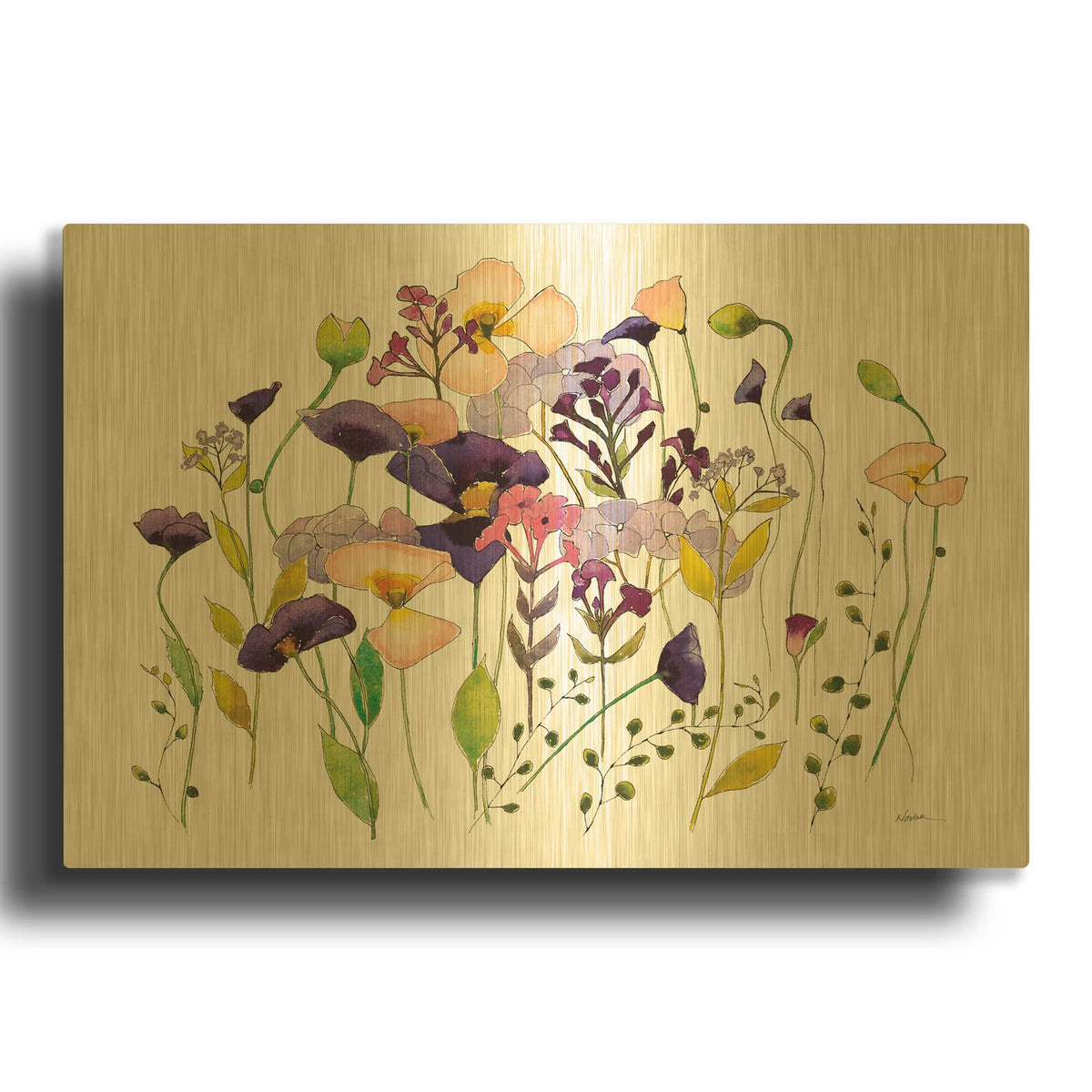 'Pink And Purple Poppies' By Shirley Novak Gold Metal Wall Art