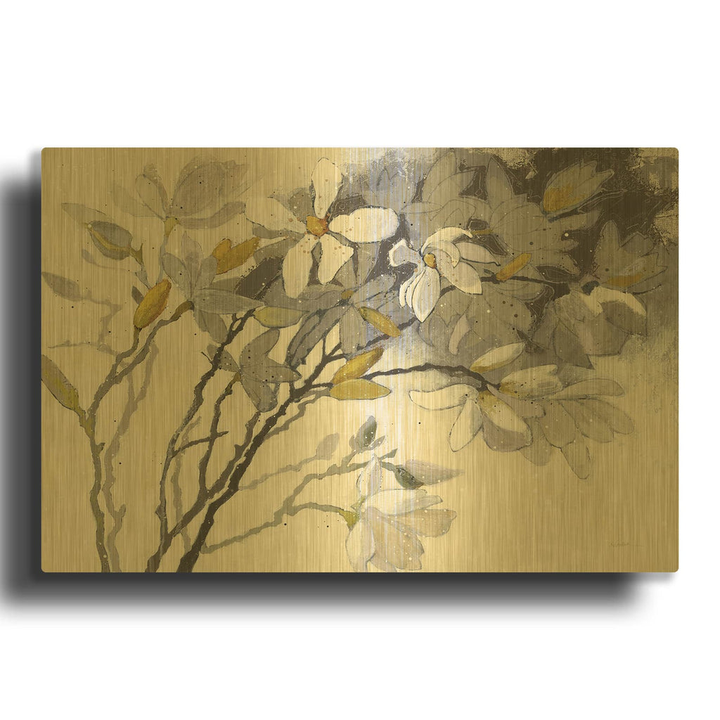 'Magnolias Yellow Gray' By Shirley Novak Gold Metal Wall Art