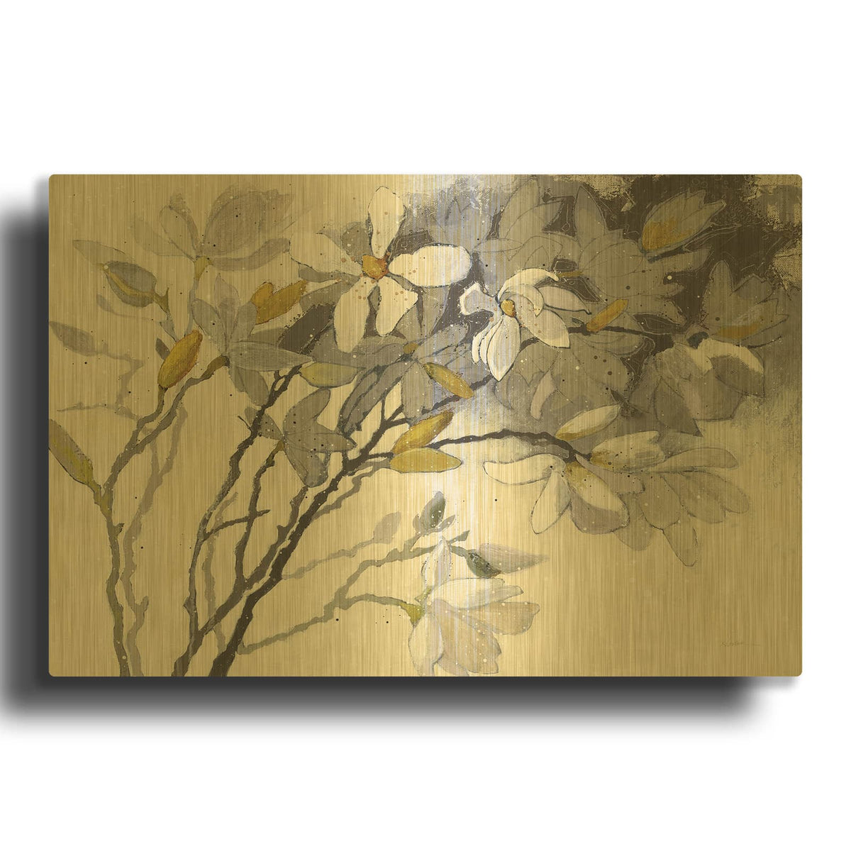 'Magnolias Yellow Gray' By Shirley Novak Gold Metal Wall Art