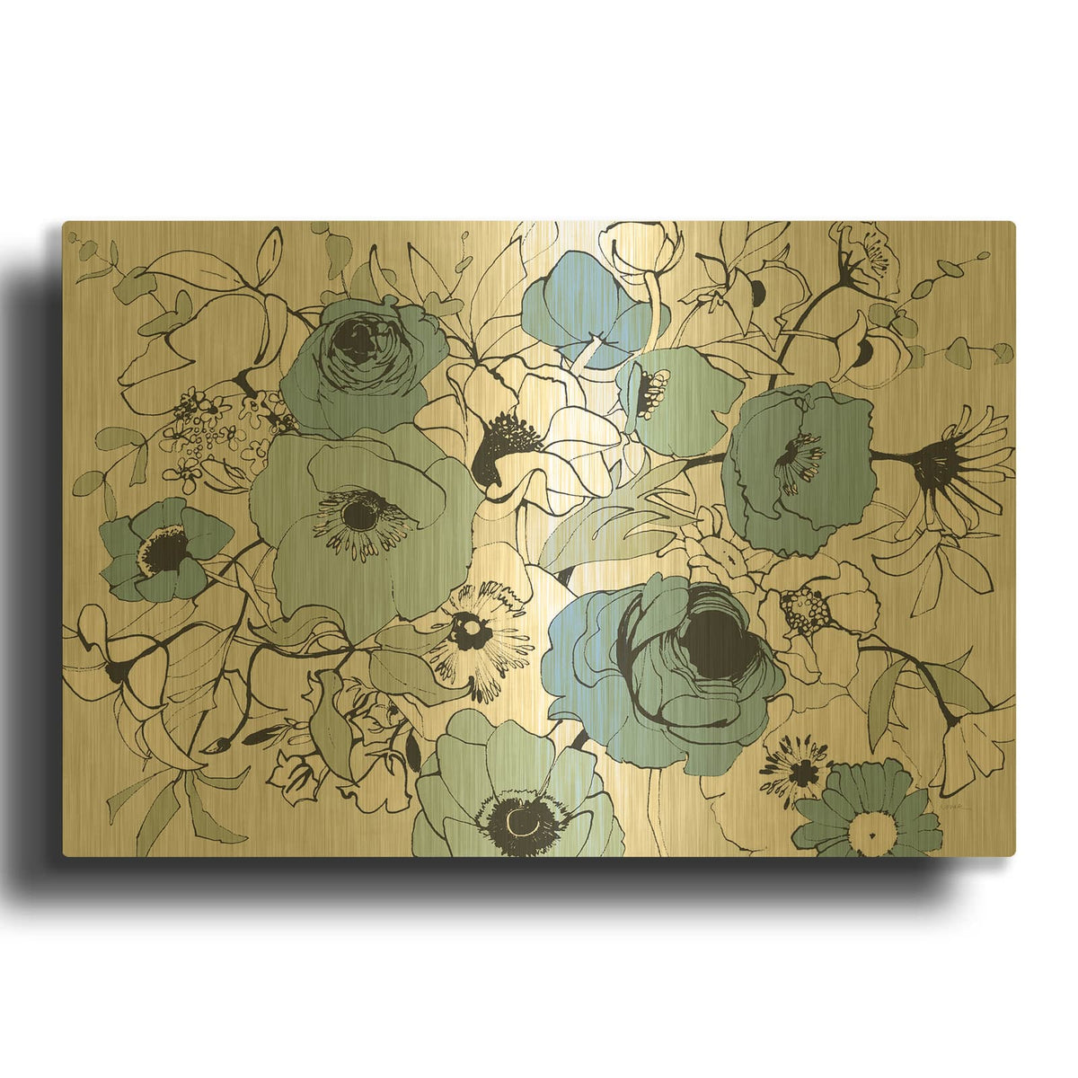'Watercolor Black Lined Poppies Mix' By Shirley Novak Gold Metal Wall Art