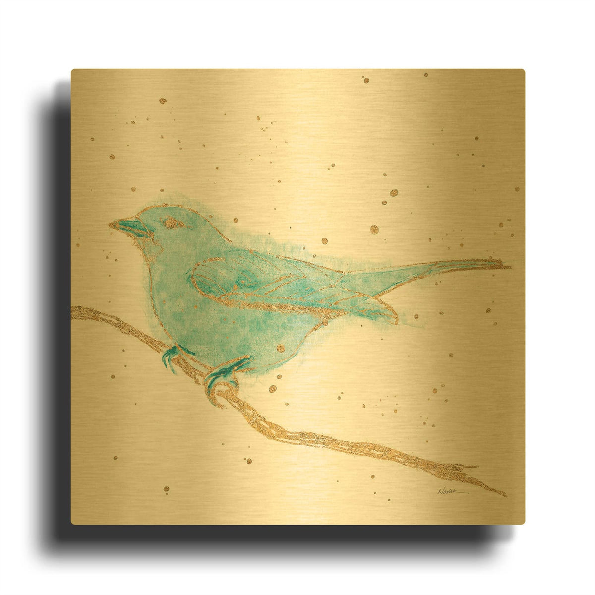 'Gilded Bird 1 Teal' By Shirley Novak Gold Metal Wall Art