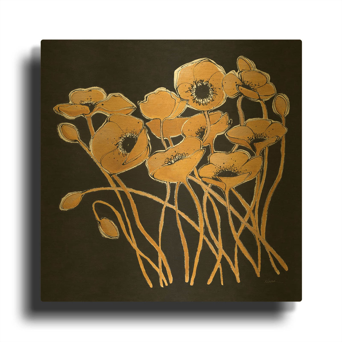 'Gold Black Line Poppies 1 V2' By Shirley Novak Gold Metal Wall Art