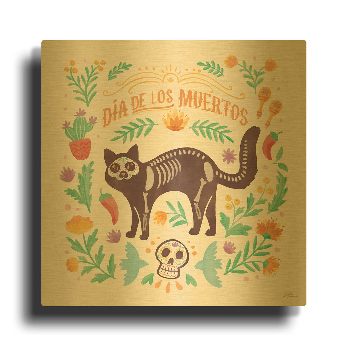 'La Calaca 4' By Janelle Penner Gold Metal Wall Art