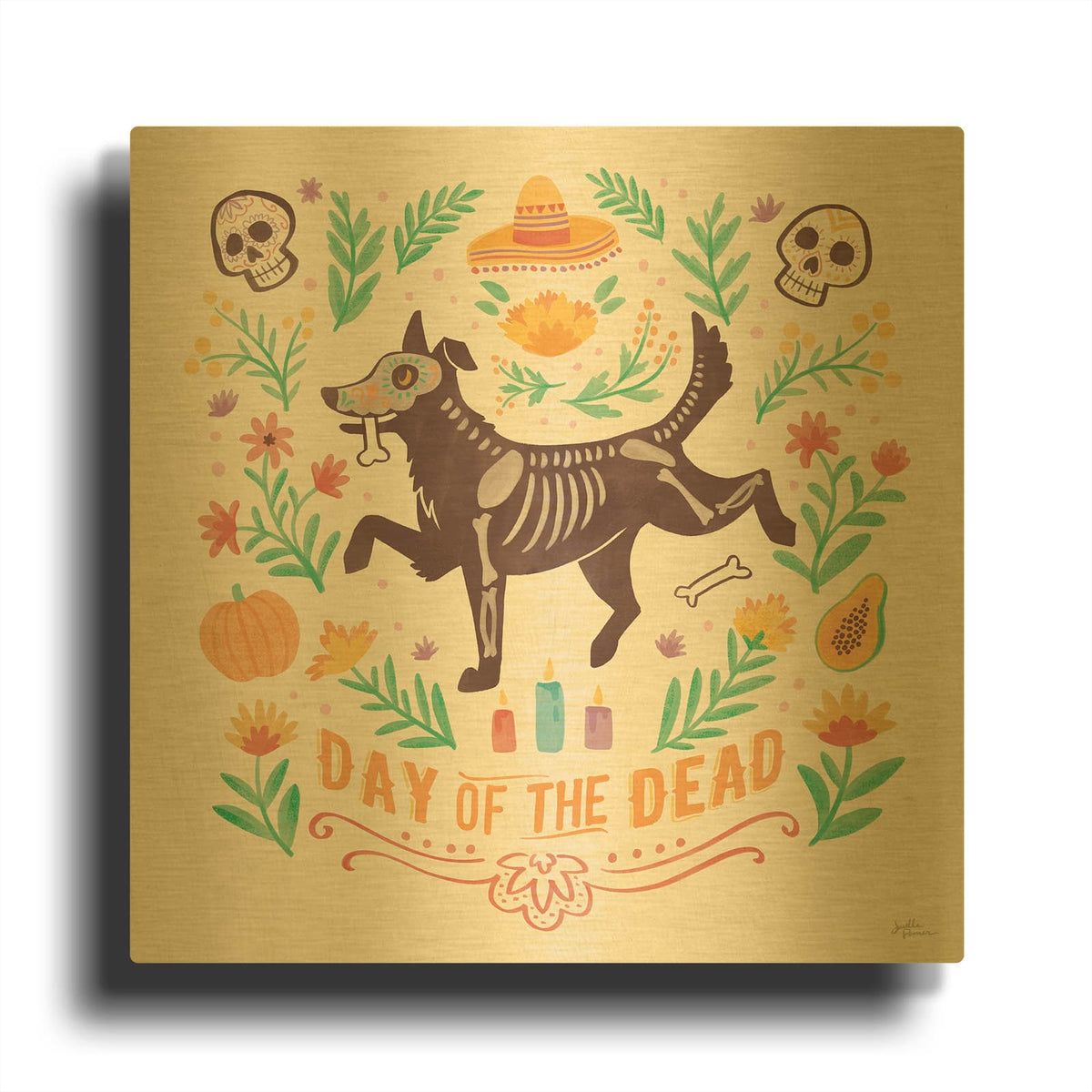 'La Calaca 5' By Janelle Penner Gold Metal Wall Art