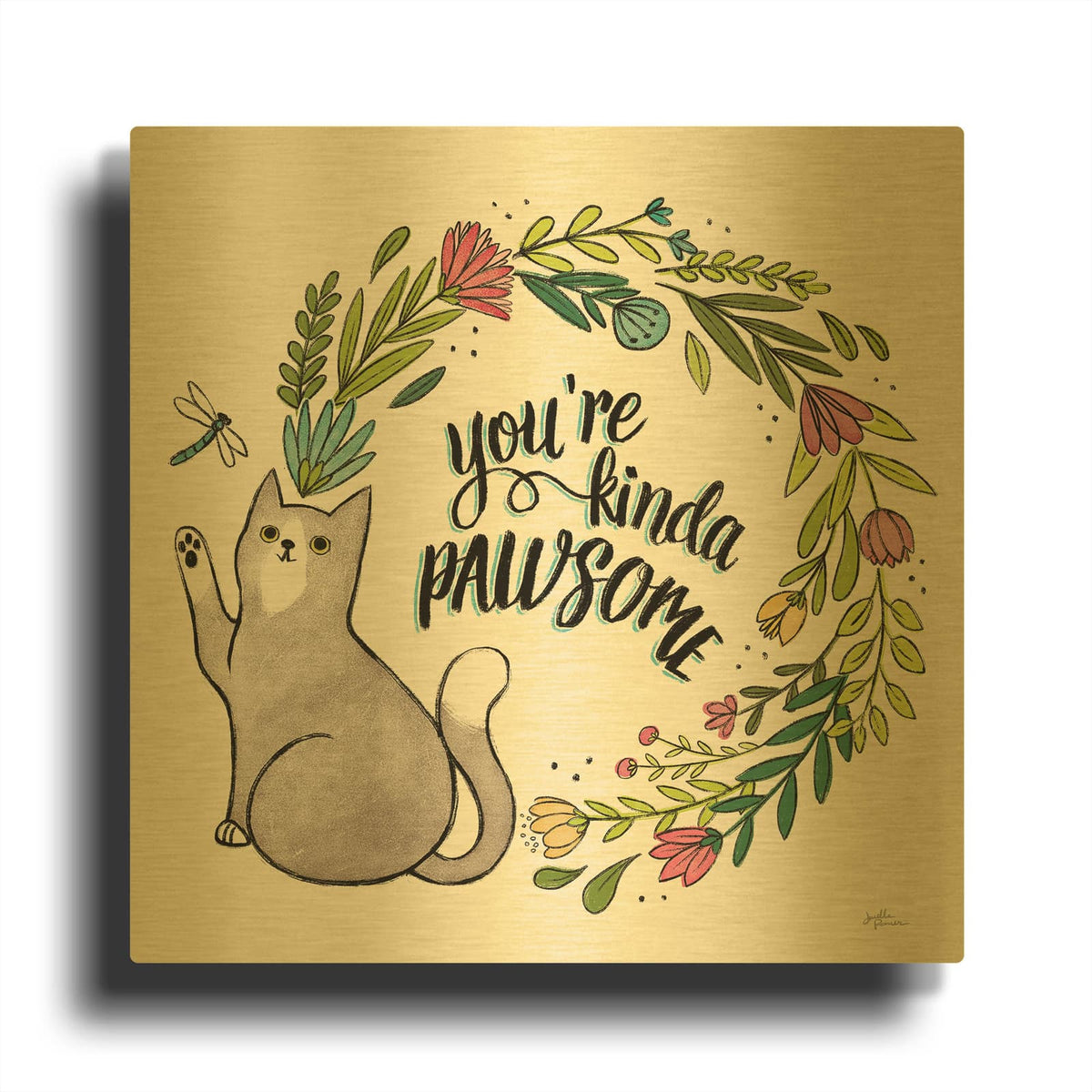 'Purrfect Garden V3' By Janelle Penner Gold Metal Wall Art