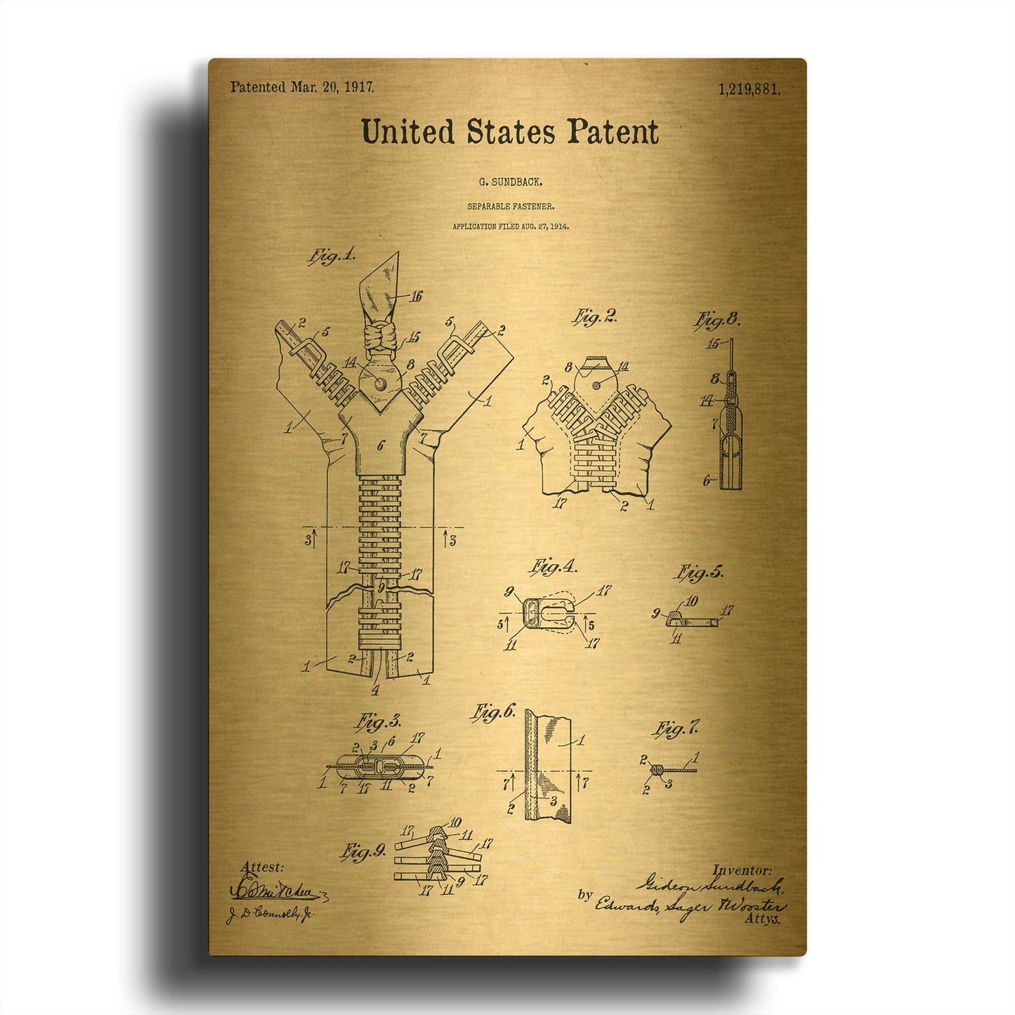 'Zipper Blueprint Patent Parchment' By LUXE Gold Metal Wall Art