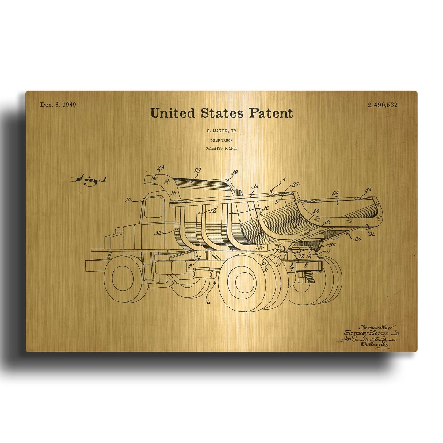 'Dump Truck 1949 Blueprint Patent Parchment' By LUXE Gold Metal Wall Art